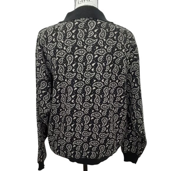 Vintage 80s Collared Polo Sweater Button Up Black Paisley Oversized Retro Funk - Picture 2 of 9